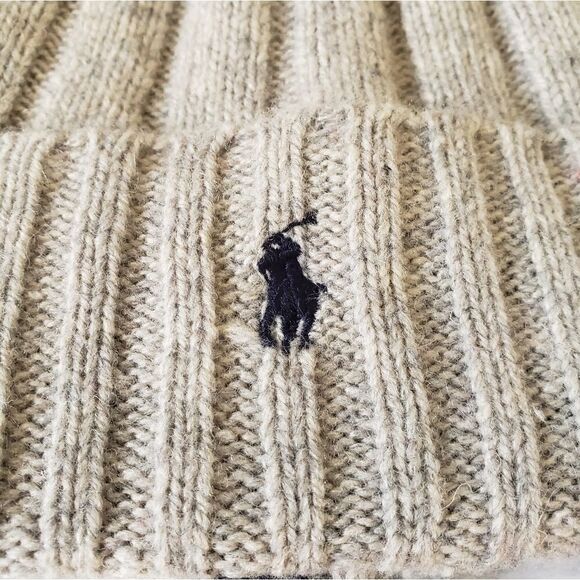 Polo Ralph Lauren Merino Wool Cuffed Beanie Unisex Hat Pony Logo Tan Gray New - Picture 3 of 5